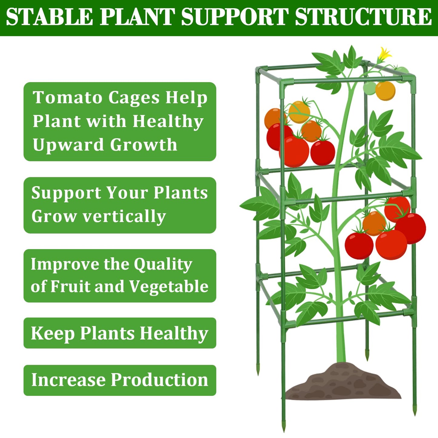 ZeeDix 4 Pack Tomato Cages for Garden 60 Inches, Heavy Duty Square Adjustable Tomato Trellis Cage Climbing Plant Support Trellis Plant Cages for Climbing Vegetables Flowers with 40Pcs Clips