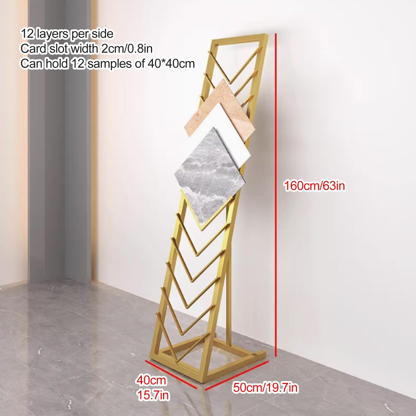 Tile Display Rack with 12 Card Slots, Store Display Rack, Freestanding Sample Display Stand, Organizer Shelf for Marble Slab/Wooden Boards/Door Sample, for Retail Stores/Trade Show, Black-40*50*160cm