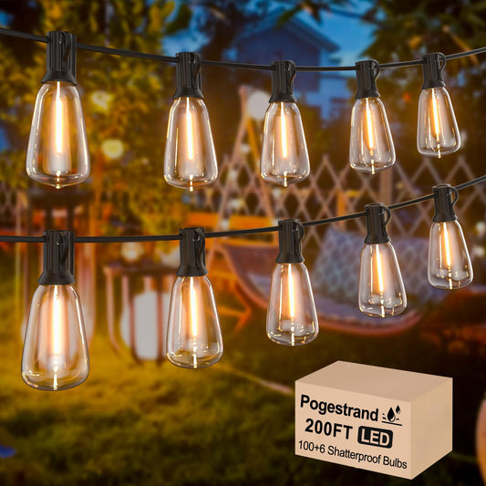 LED Outdoor String Lights 200ft ST38 Waterproof Patio Lights with 106 Vintage Shatterproof Bulbs(6 Spare), Dimmable Outside Hanging Edison String Lights for Backyard Porch Balcony Decor, Warm White