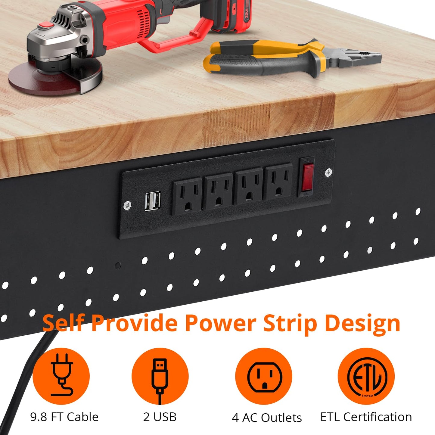 ACONEE Adjustable Workbench for Garage, 60" x 20" Heavy-Duty Rubber Wood Shop Table with Power Outlets & Wheels, 2000 LBS Load Capacity, Hardwood Workstation for Workshop, Garage, Office, Commercial