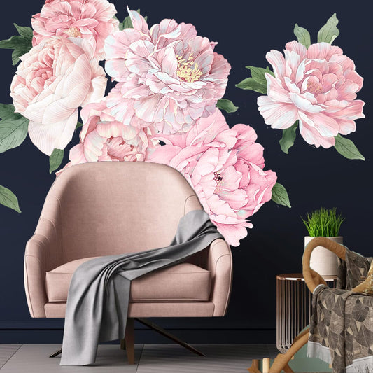 Large Pink Peony Wall Decals, Blush Flower Stickers for Girls Room & Kids Bedroom, Colorful Floral Vinyl Art for Nursery, Self-Adhesive Decor