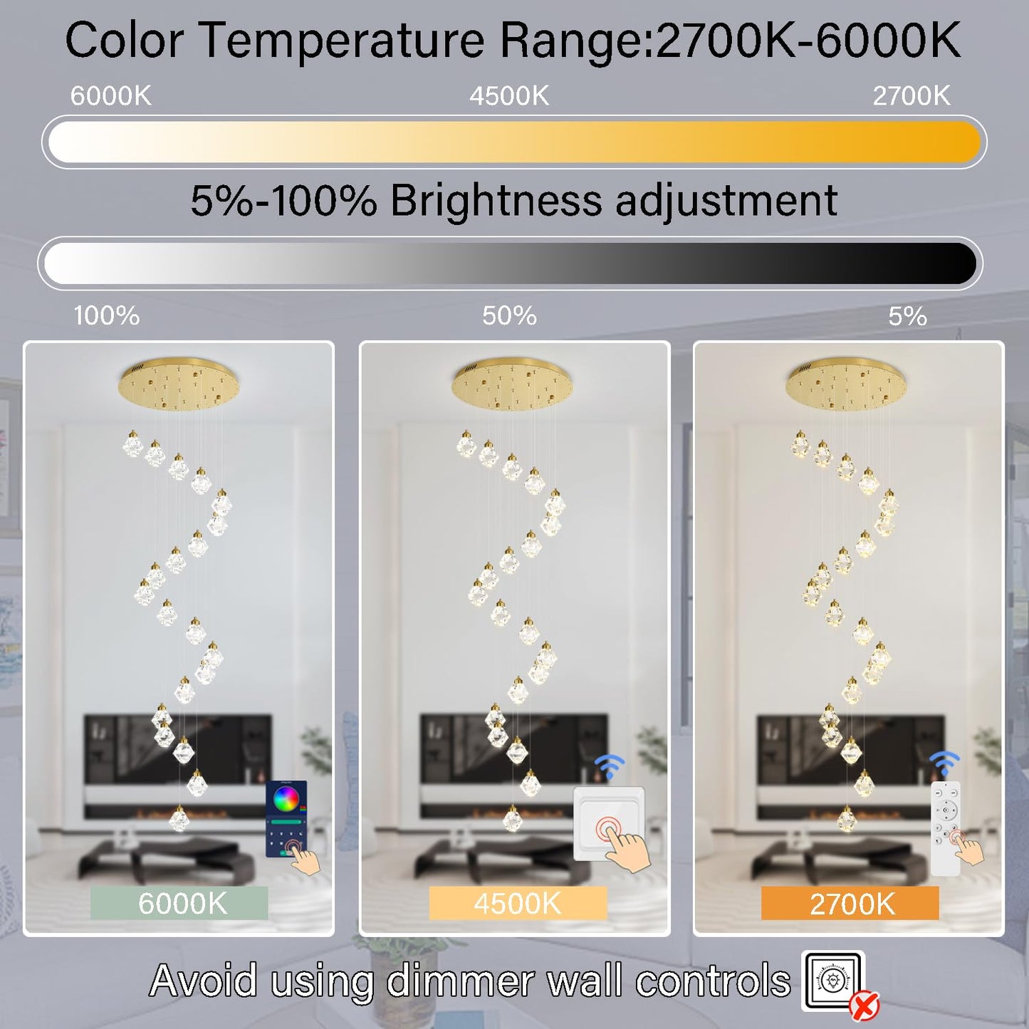 Shial Lighting 10-Light Modern Chandelier for Entrance Crystal Chandeliers for Living Room Gold Pendant Light Fixture Staircase Chandeliers for High Ceilings Dimmable LED Hanging Light with Remote