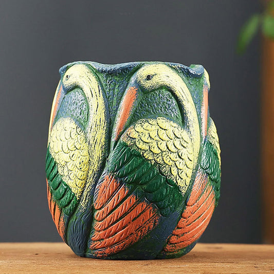 Ceramic Flowerpot with Bird Glaze Patterns,Vintage-Inspired Oval Thick Green Glaze Cylindrical Planter for Succulents Indoor Outdoor Decor