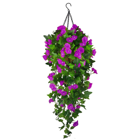 Artificial Fake Hanging Flowers Plants Basket for Spring Outdoor Outside Decoration, UV Resistant Faux Plastic Fabric Flower Morning Glory Wisteria Petunia for Garden Porch Patio Balcony Yard Decor
