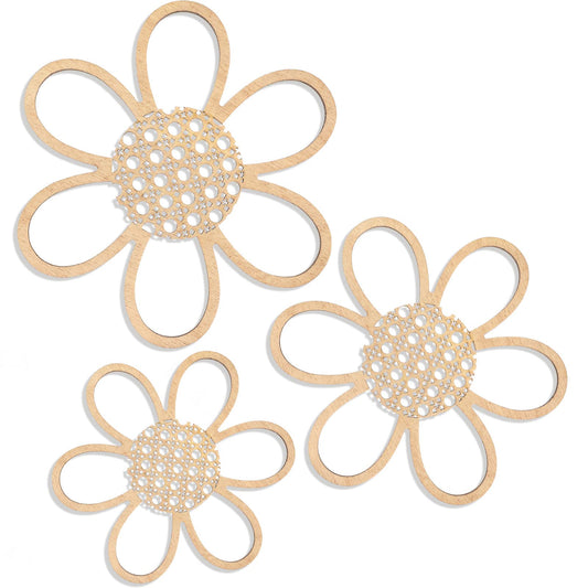Maitys Boho Wall Decor Set of 3, Wood & Rattan Daisy Flower Wall Hanging Art, Boho Nursery Decor for Bedroom Living Room, Farmhouse Room Gift for Women Girls(Classic Color)