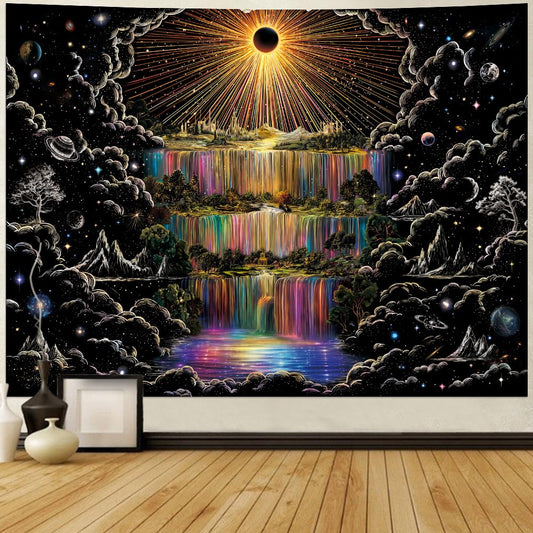 Lahasbja Galaxy Waterfall Tapestry Trippy Sun Wall Hanging Aesthetic Cosmic Space Tapestries Black and White Mountain Forest Trees Wall Decor Hippie Sketched Nature Landscape Backdrop for Bedroom