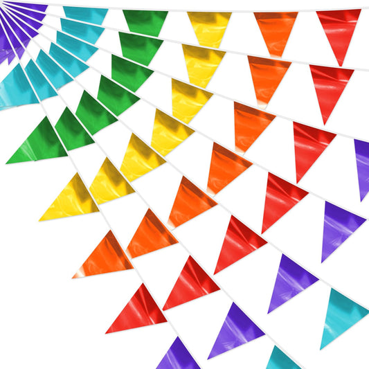4P Rainbow Party Decorations - Metallic Fabric Triangle Pennant Banner Flags - Indoor/Outdoor Bunting Garland for Birthday, Wedding, Graduation & Theme Parties