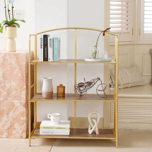 Crofy No Assembly Folding Bookshelf for Living Room, 3 Tier Gold Collapsible Book Shelf for Home Office, Portable Bookcase Storage Organizer
