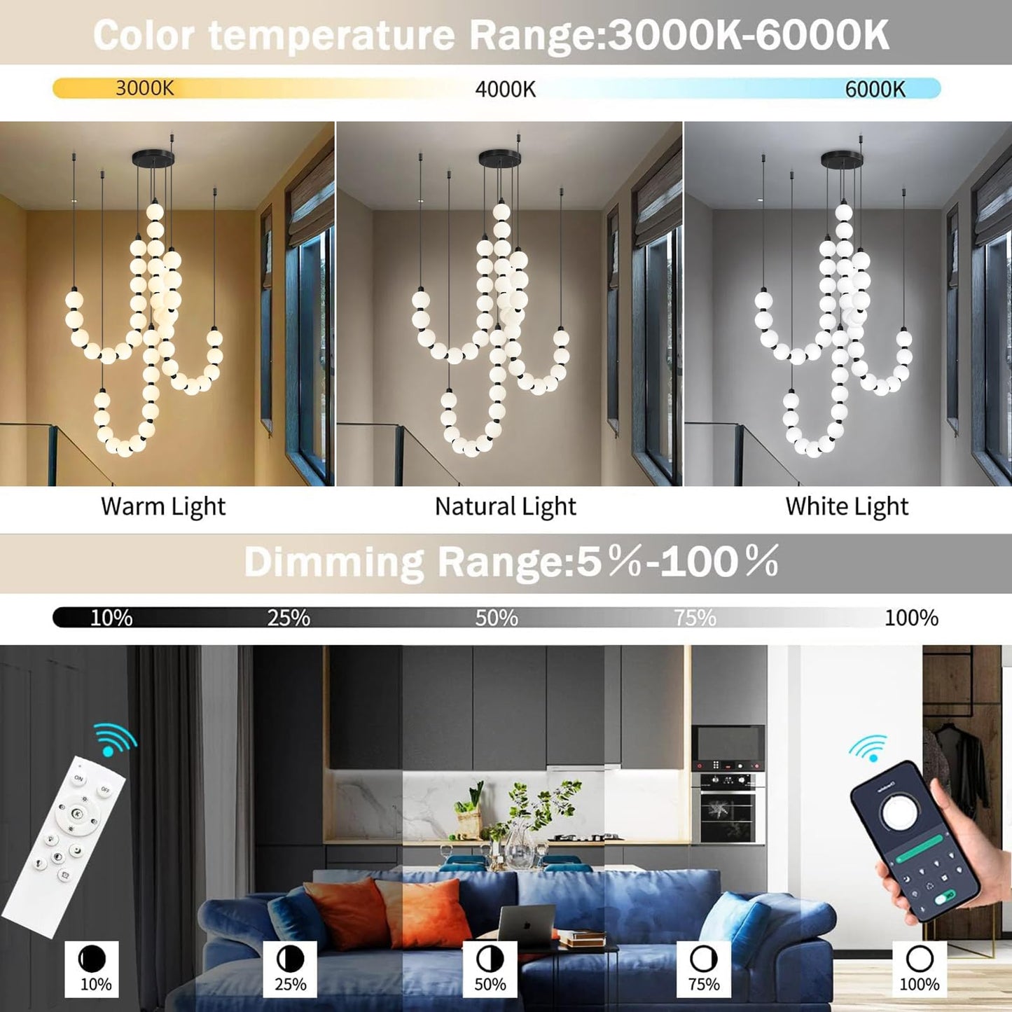 cenozo Modern Chandeliers LED Dimmable Light Acrylic Balls Ceiling Pendant Lighting for Living Room Dining Room Bedroom Adjustable Hanging Lights 90 Watts Black Lamp