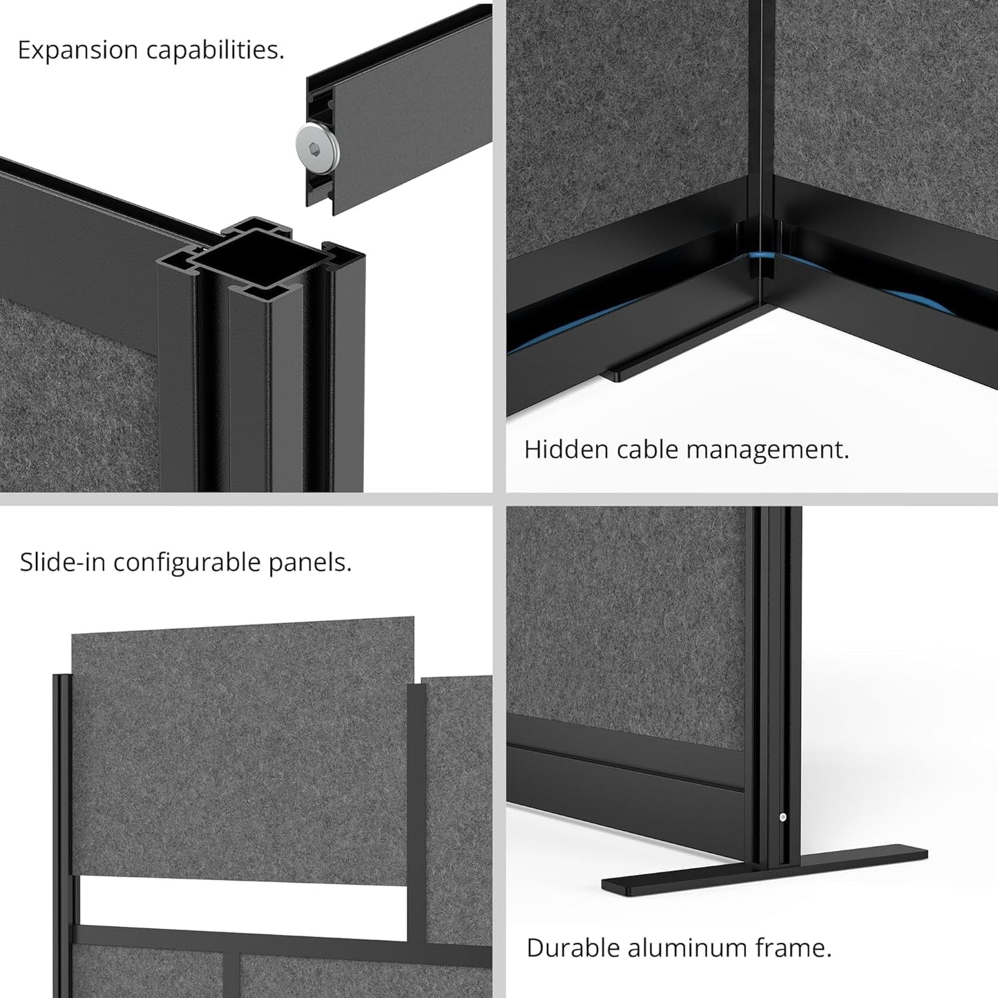 Stand Up Desk Store Expanse Modular Wall | 70'' x 70'' Wall | Expandable Partition Room Divider with Rearrangeable Frosted Acrylic & Sound Absorbent Panels (Black Frame)