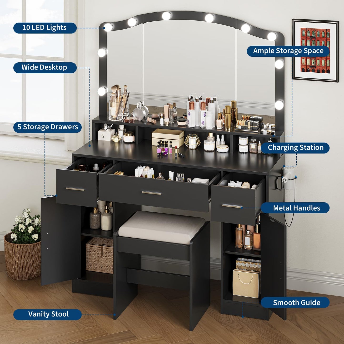 Garvee Vanity Desk with LED Lights and Storage, 10 Adjustable LED Mirror, 3 Drawers, 2 Cabinets, Charging Station AC/USB, Includes Stool, Dressing Table for Women/Girls Bedroom, Black