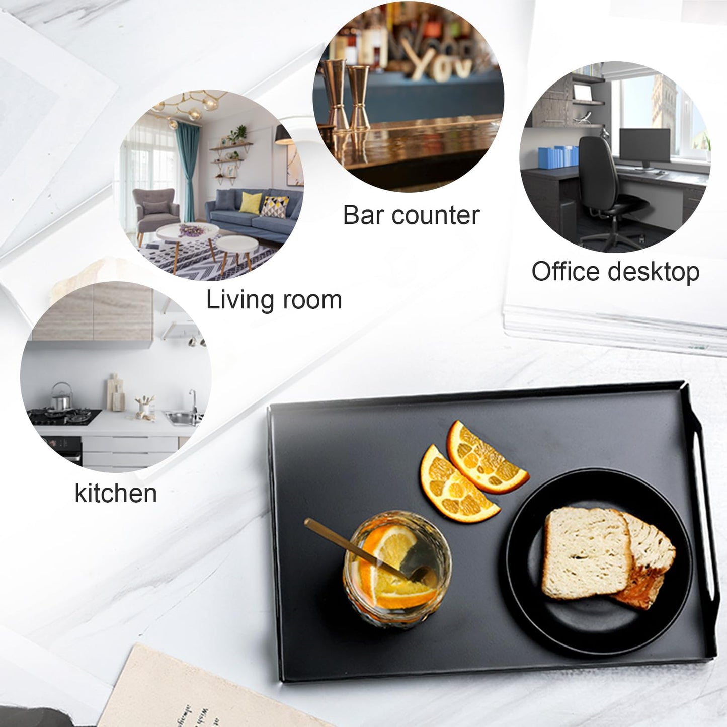 VANRA Metal Serving Tray Portable Bed Tray with Handles for Coffee Table, Living Room, Kitchen and Bathroom (Black)