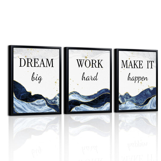 LevvArts Motivational Office Decor Dream Big Work Hard Make It Happen Inspirational Quotes Wall Art Prints Blue and Gold Artwork (Blue)
