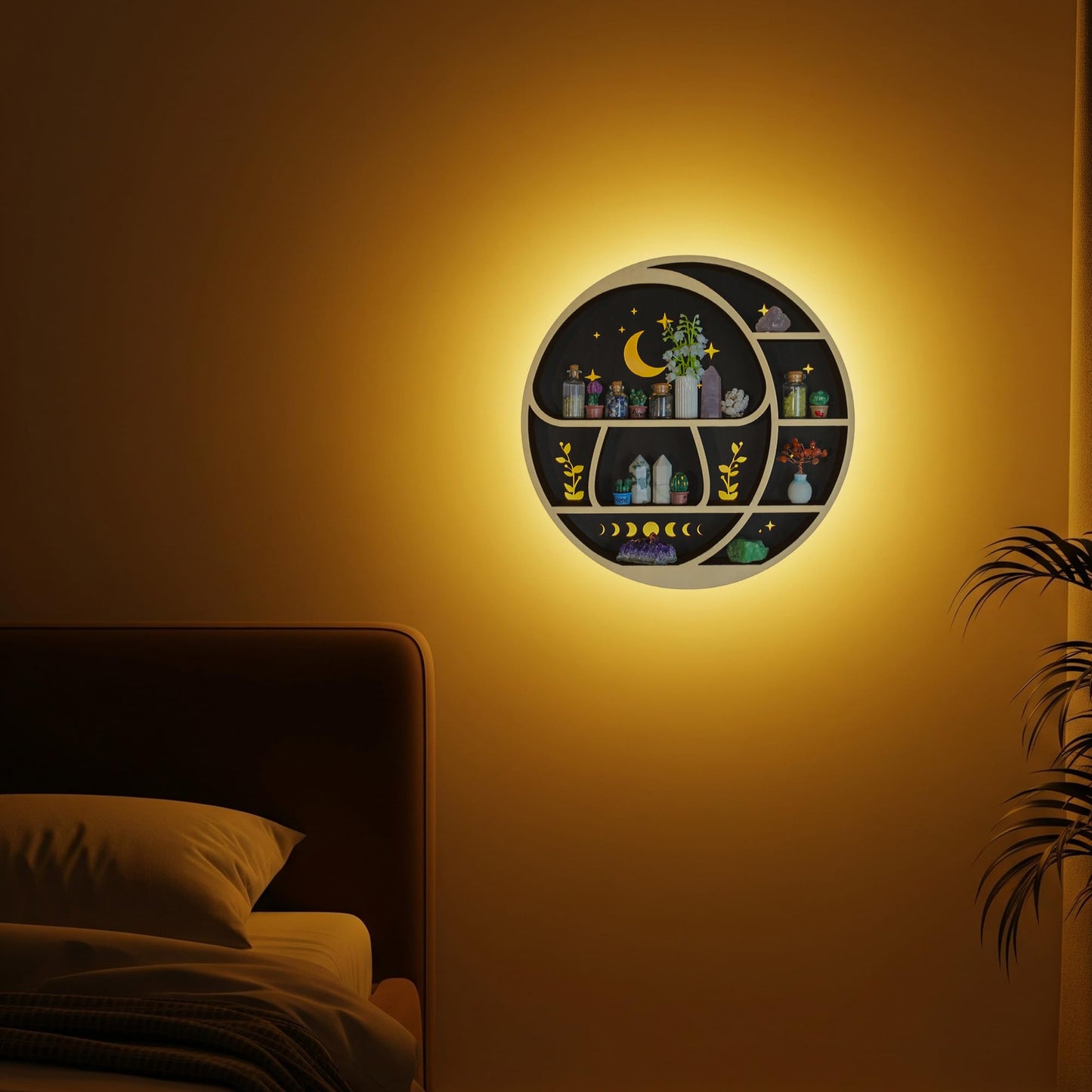 Circle Mushroom on The Moon Wall Shelf with LED Light, Wooden Trinket Knick Knack Shelf, Mushroom & Moon Decor Crystal Display Shelf for Rocks Gems Healing Stones, Cute Crystal Holder Organizer