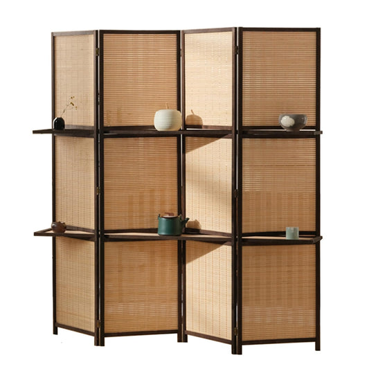 5ft/5.6ft/6ft Tall Bamboo Woven Room Divider with Shelves, 3/4/5 Panel Freestanding Portable Partition Screen for Home Bedroom Office Studying or Conference ( Color : 4 Panel , Size : Tall 150cm/59 in