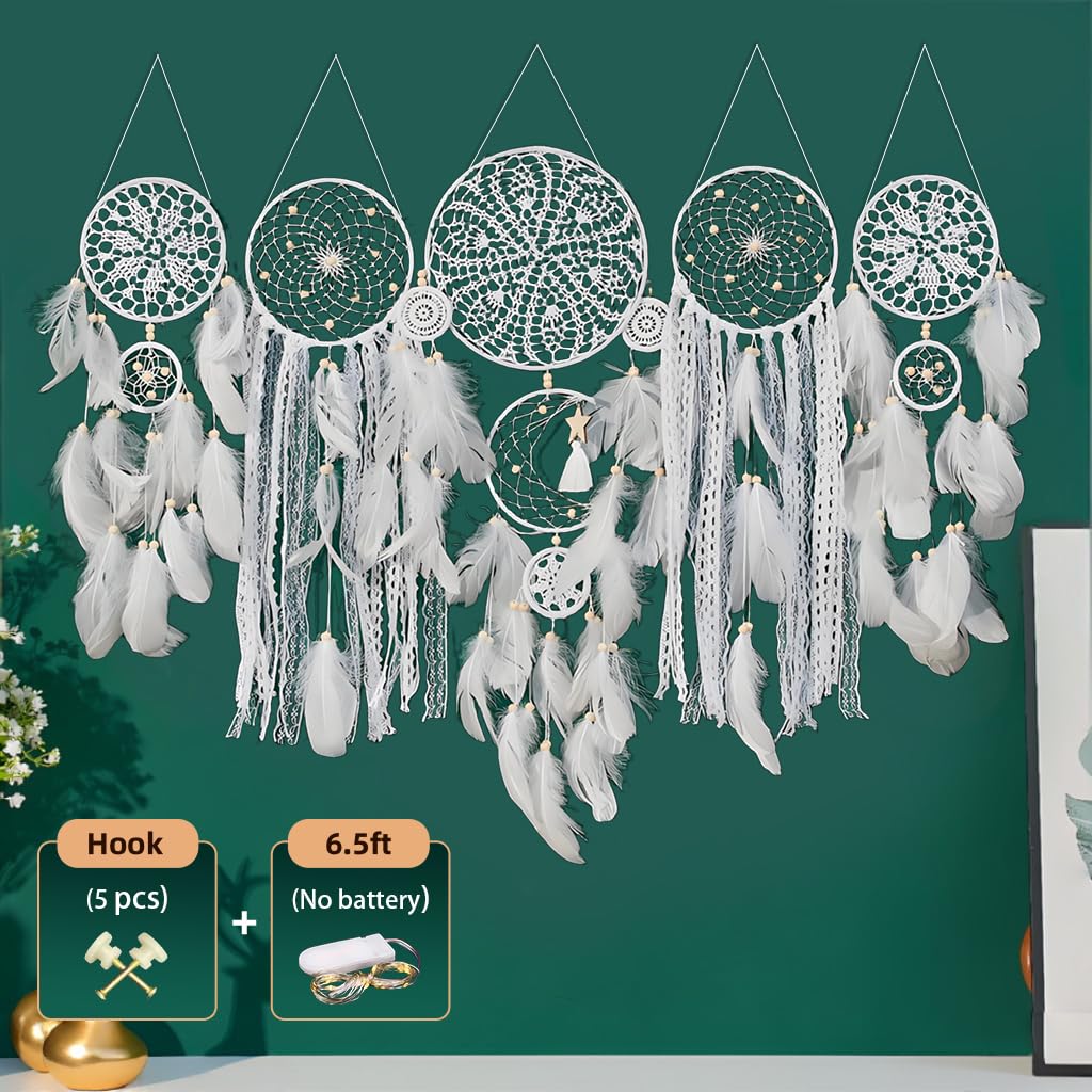 Handcrafted Dream Catcher Wall Decor Set, 5 Pieces, Round Shape, 10 Inch Diameter, Cotton and Feather, Art Deco Style, Moon and Star Design, Indoor Hanging Ornaments (5, White)