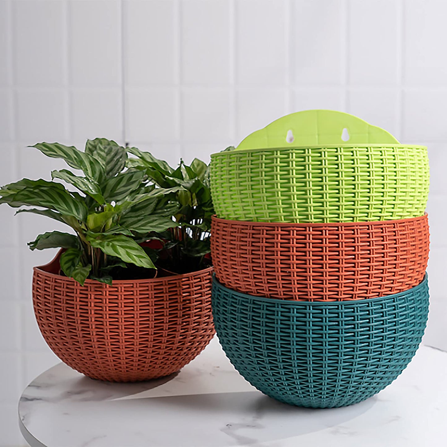 Hanging Planter Pot, Wall and Railing Hanging Planters with S Hooks, Half Round Imitation Rattan European Style Wall Flowerpot Rustic Decorative Flower Basket for Home Balcony Garden(#26*20.5cm Green)