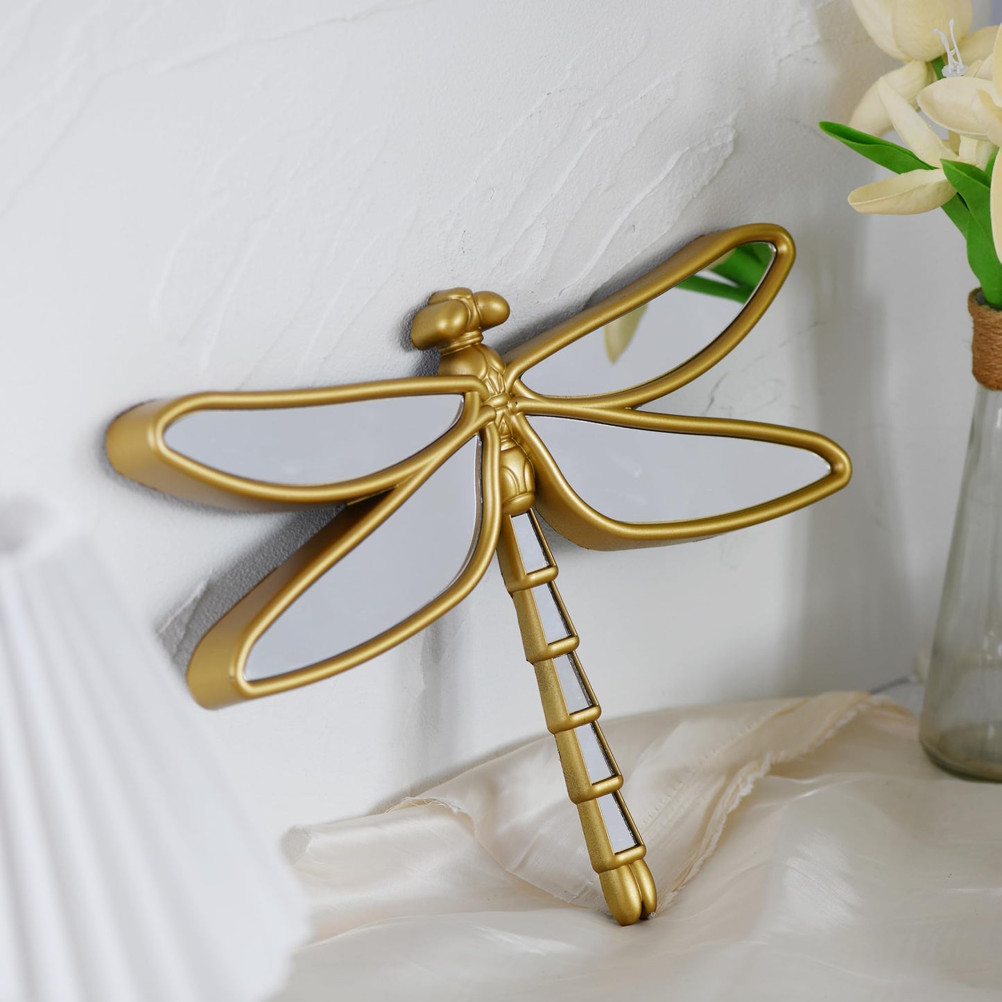 Wartter Decorative Golden Dragonfly Wall Mirror, Plastic Frame with Mirrored Wings (12.4 x 9.3 inches)