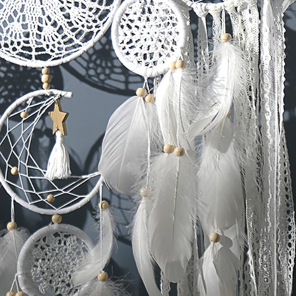 Handcrafted Dream Catcher Wall Decor Set, 5 Pieces, Round Shape, 10 Inch Diameter, Cotton and Feather, Art Deco Style, Moon and Star Design, Indoor Hanging Ornaments (5, Brown)
