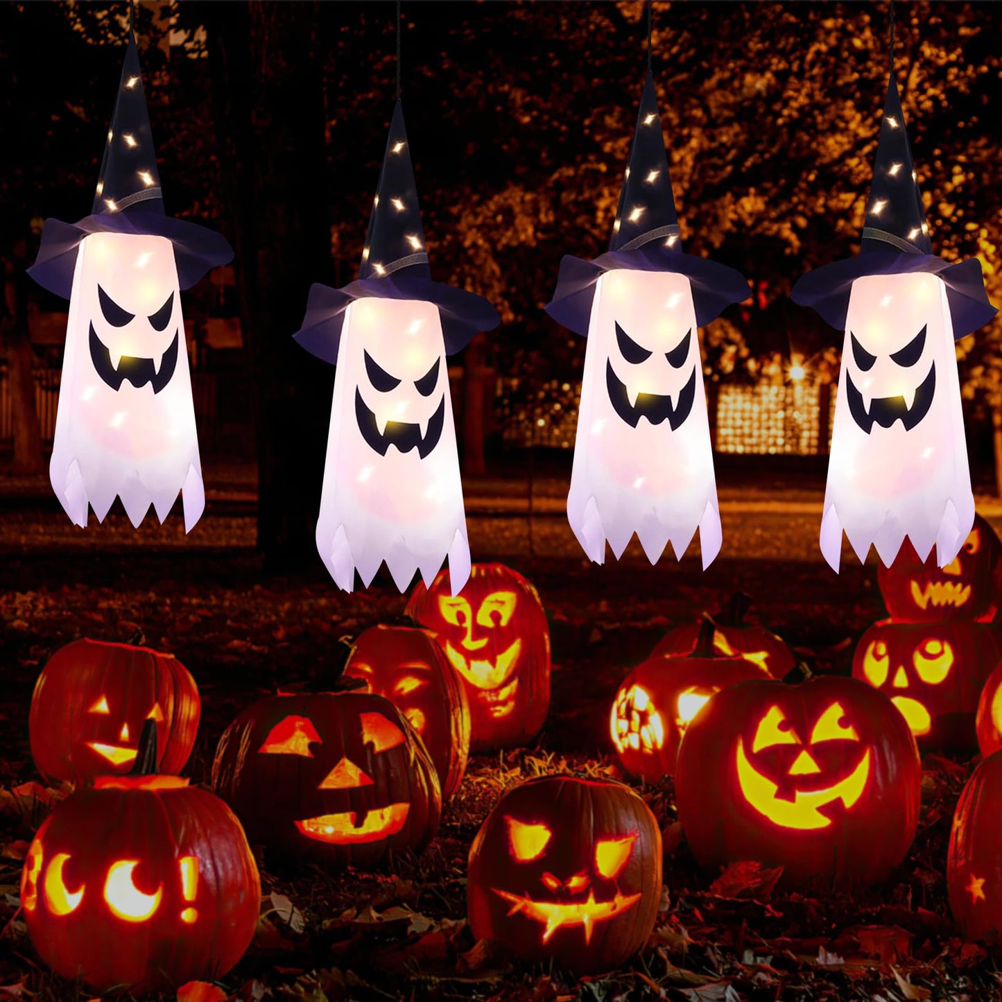 Halloween Decorations Glowing Ghost Witch Hat Halloween String Lights - Indoor/Outdoor Hanging Decor for Home, Garden & Tree (4Pcs)