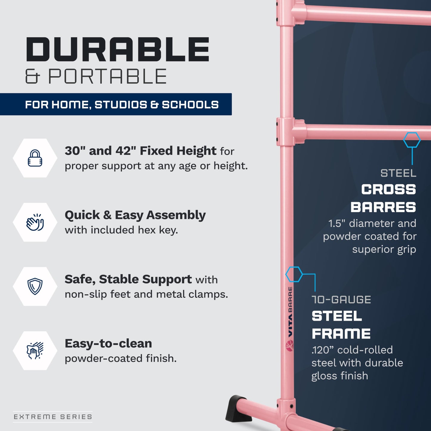 VITA Barre Portable Freestanding Double Ballet Barre, Extreme, 6 Ft Bars, Light Pink, Steel | Fixed Height, Made in USA, Home or Gym Exercise Equipment for Kids & Adults | Dance, Fitness, Pilates