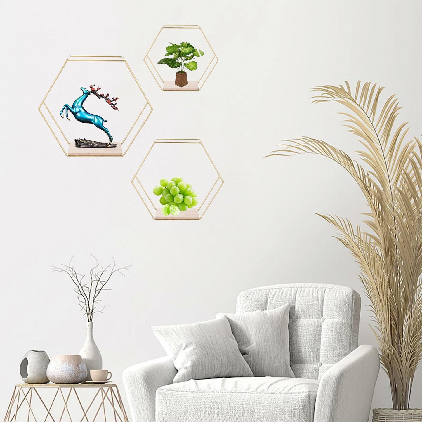 mekueeex Wall Mounted Hexagon Floating Shelves, Metal Framed Gold Shelf with Wooden Floor Storage Shelves, Modern Wall Decor for Living Room, Bedroom, Kitchen, Office, Set of 3 Size ﻿