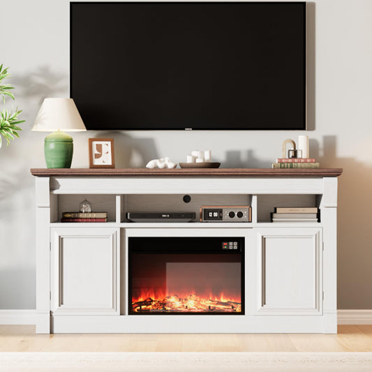 GAOMON 58 Inch Fireplace TV Stand, Wooden Entertainment Center with 36 Inch Electric Fireplace, 3D Realistic Flame, Farmhouse Media Console with Storage Cabinets for Living Room, White+Brown