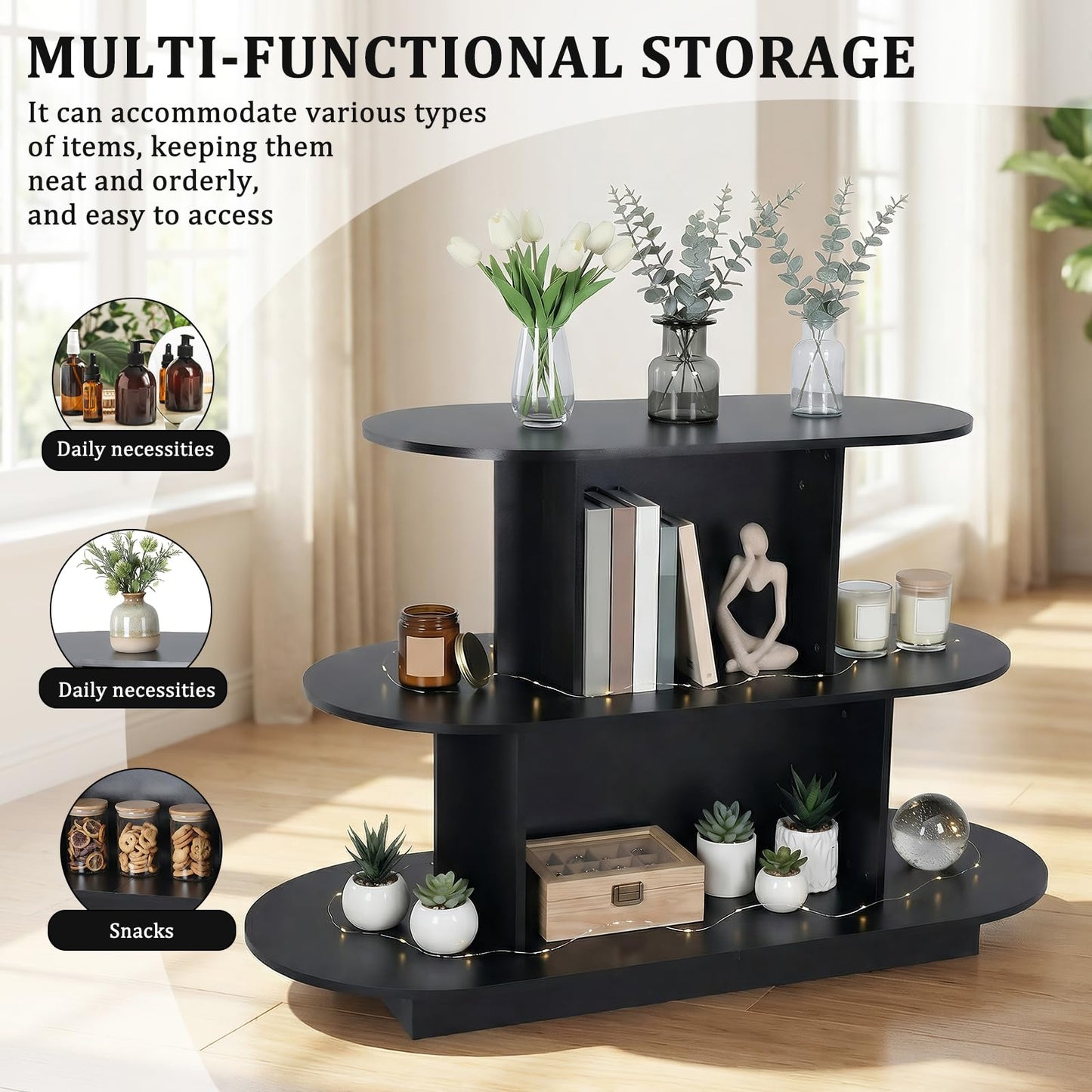 Hubxinly 3 Tier Wooden Oval Display Table Modern Standing Display Riser Shelf Retail Table for Stores Vendor Events 55in W x 23.6in D x 35in H