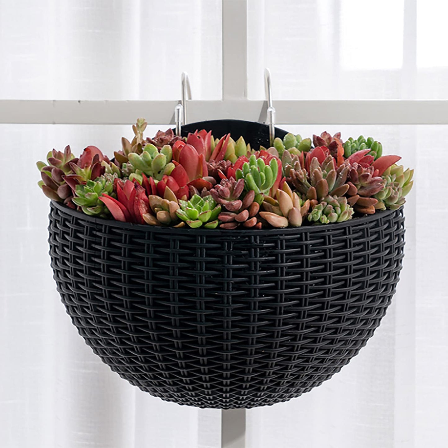 Hanging Planter Pot, Wall and Railing Hanging Planters with S Hooks, Half Round Imitation Rattan European Style Wall Flowerpot Rustic Decorative Flower Basket for Home Balcony(#21*16.5cm Dark green)