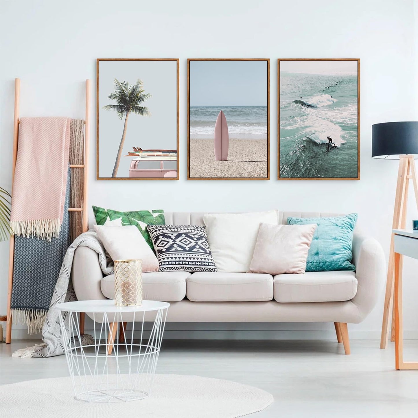 CHDITB Beach Framed Canvas Wall Art Set, Palm Tree Surfboard Seascape Wall Decor, Ocean Surfing Wall Painting, Coastal Art Print for Living Room, Bedroom, Dining Room, Bathroom - Large Size 16"x24"x3