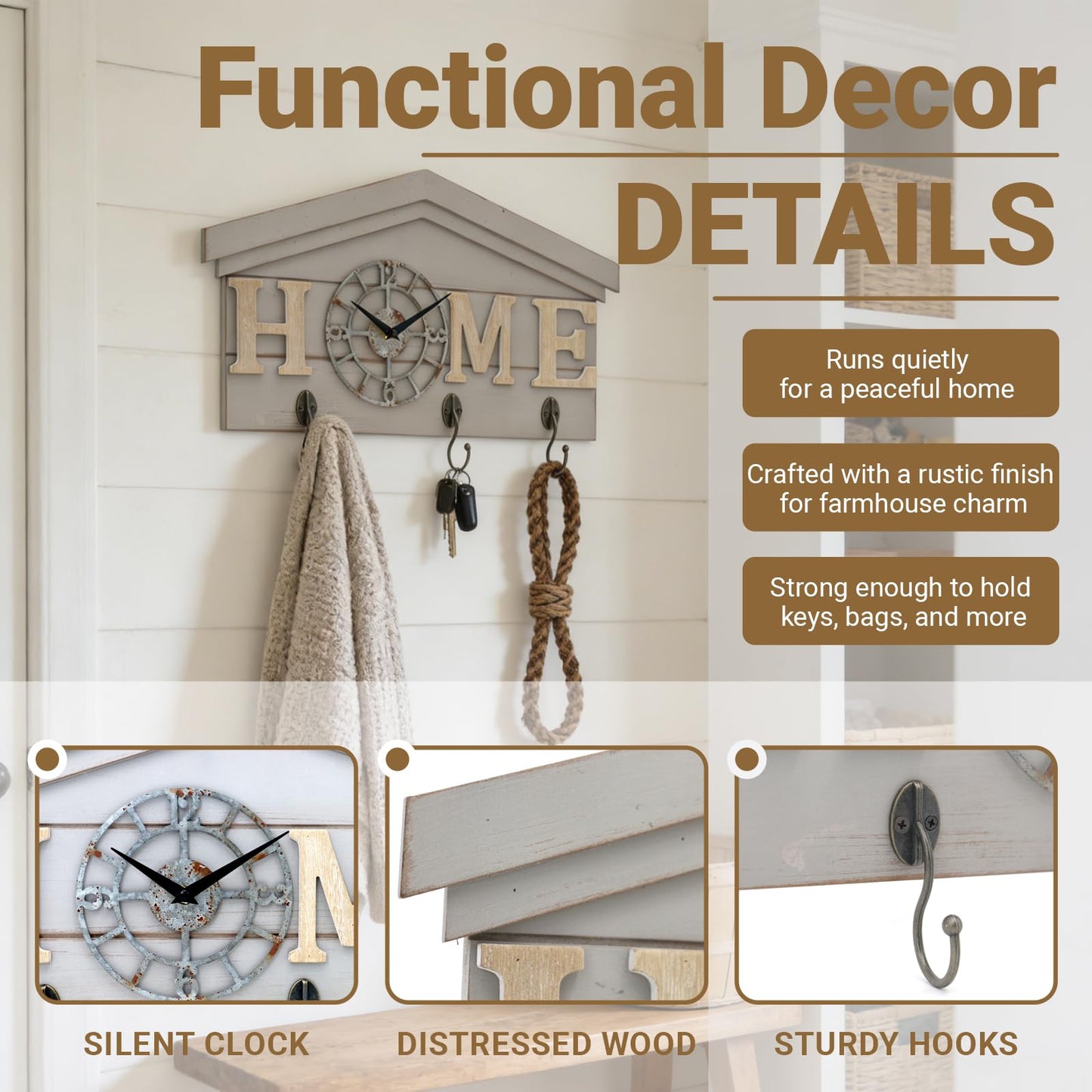 Farmhouse Battery Operated Wall Clock with Hooks Rustic Wooden Entryway Organizer with 3 Metal Hooks Key Hanger HOME letters Silent Quartz Clock Key Holder Wall Decor for Entryway Kitchen, Living Room