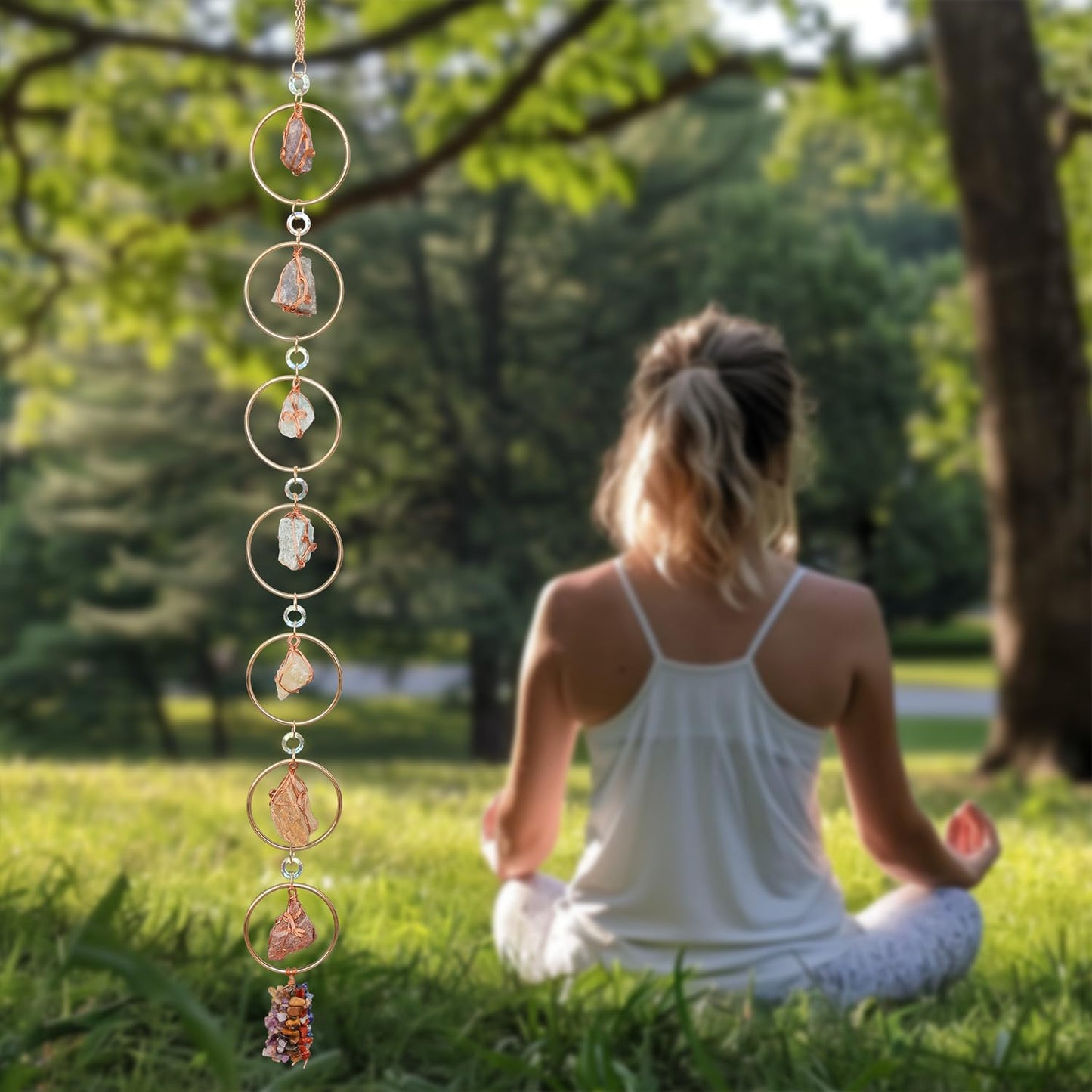 7 Chakra Healing Crystals Hanging Ornament，Handmade Chakra Natural Stones Gemstones Wall Hanging Ornaments for Home Decor Yoga Meditation(7 Natural Stones)