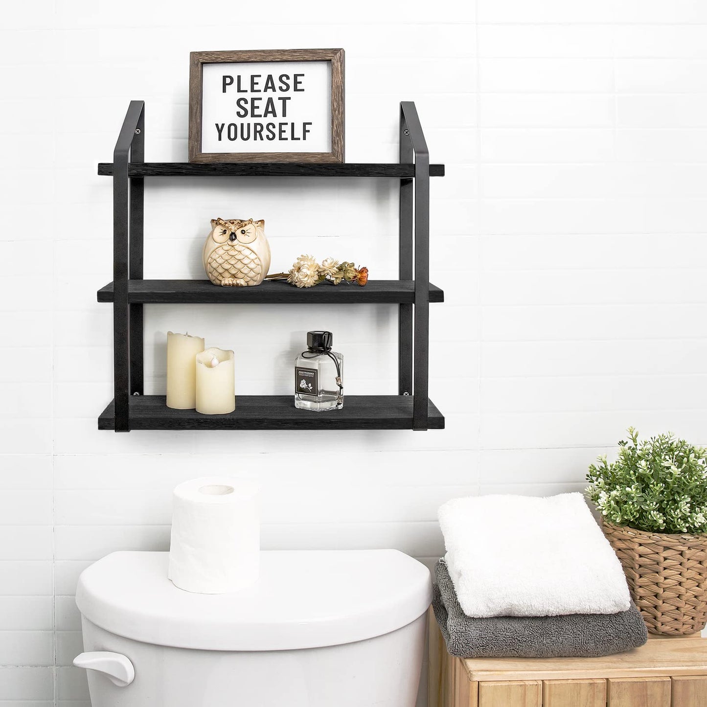 Mkono Floating Wall Shelves 3 Tier Rustic Hanging Shelf with Metal Bracket Wall Mount Wood Storage Display Shelves for Living Room Bathroom Bedroom Kitchen Office,Black