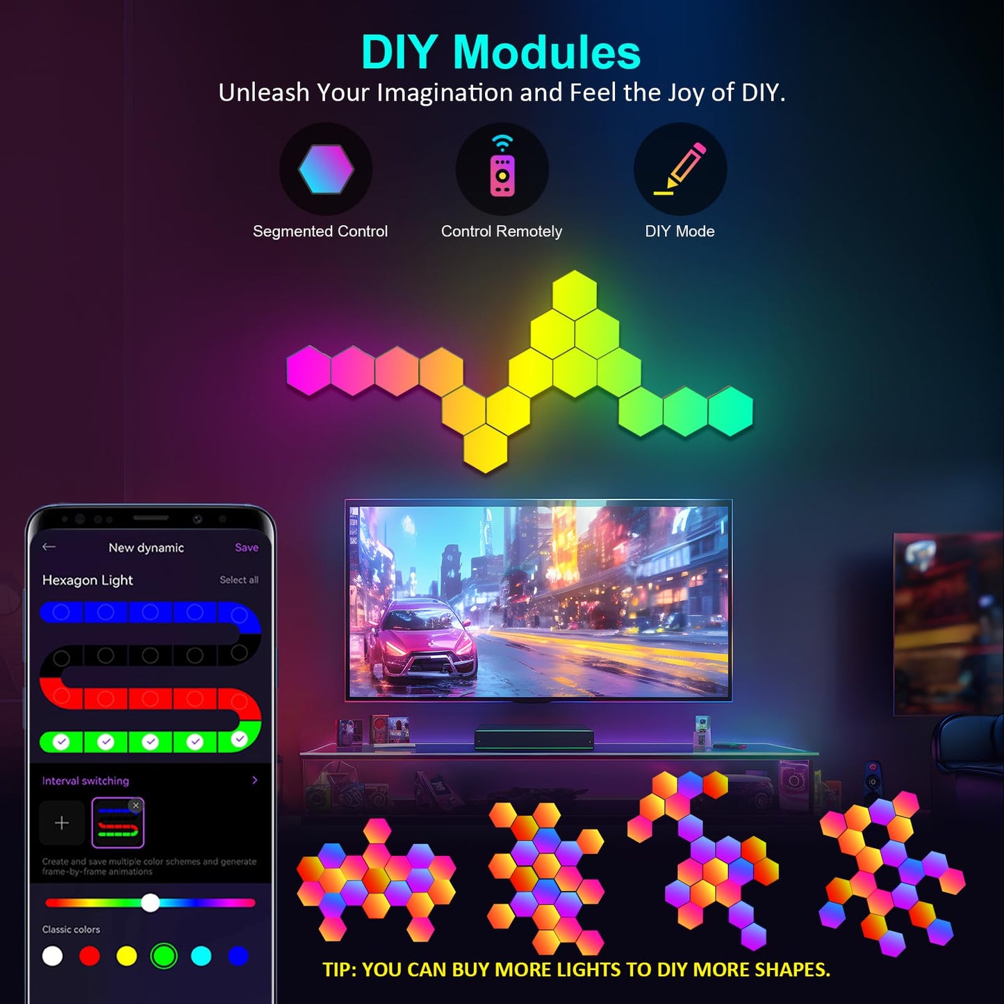 JIMIMORO 12-Pack Hexagon Light Panels – Smart RGB LED Wall Lights with App & Remote – Music Sync Gaming Lights for Room Decor, Birthday & Party Gifts for Boys, Teens, Men, Boyfriends, and Kids