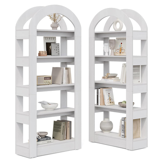 LITTLE TREE 5-Tier Bookshelf, Arch-Shaped Racks, Tall Standing Wooden Bookcase Display Shelf Modern Storage Solution (2, White)