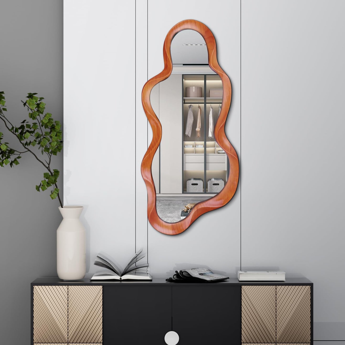 osemy 48"x 22" Irregular Wall Mirror, Walnut Wood Framed Wall Mirror, Asymmetrical Wall Wavy Mirror for Living Room Bedroom Entryway Bathroom Modern Decorative Mirror with Hanging Hooks