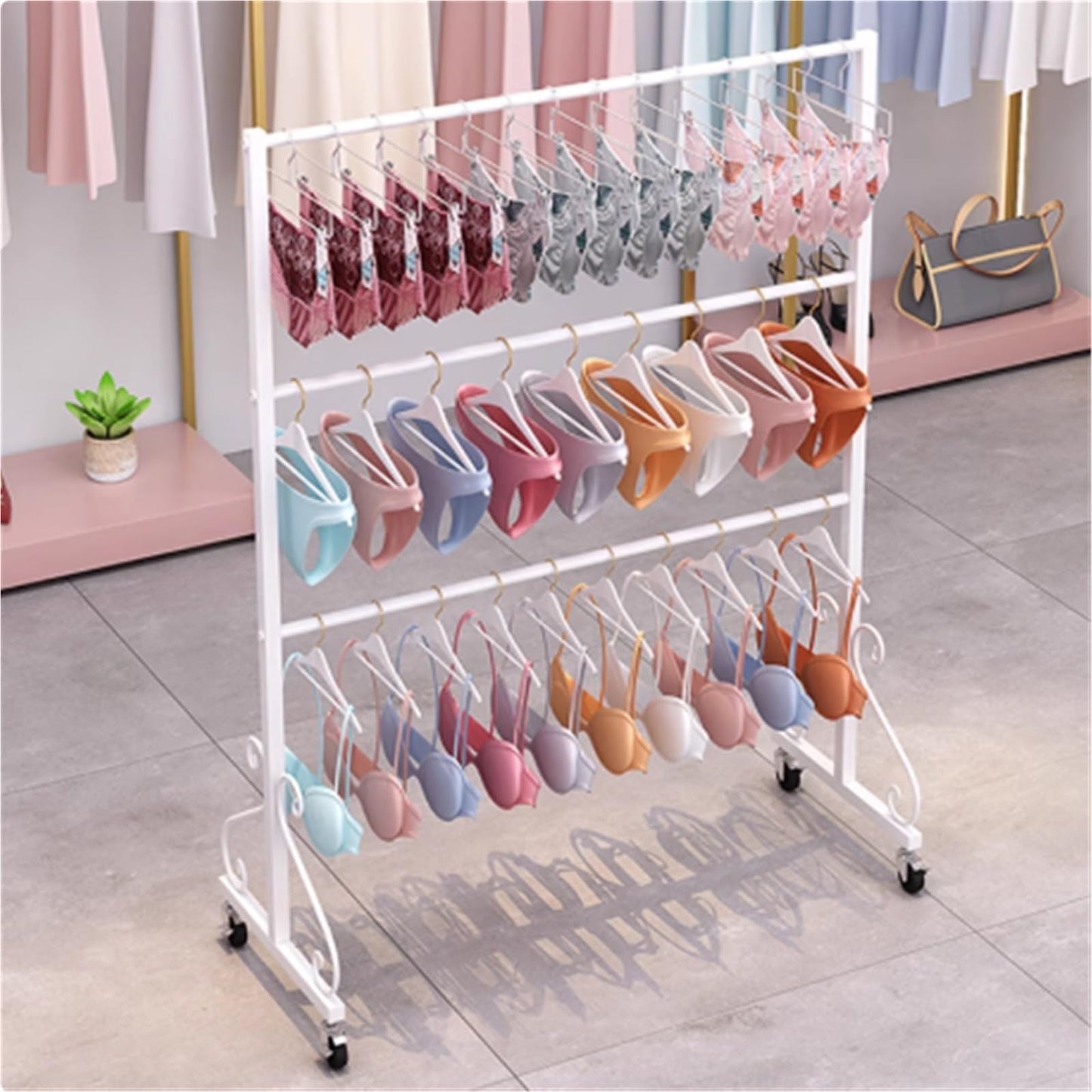 Mobile Lingerie Bra Rack Swimsuit Organizer Hanger, Anti-Slip, Underwear Display Stand with Wheels, Commercial Clothing Store Shelf, for Shorts,Hats, Sock, 3 Tier(Silver,60 * 40 *