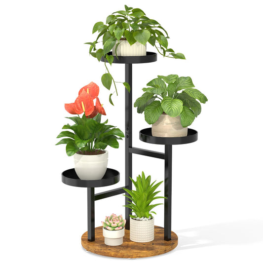 LASZOLA 3 Tier Metal Plant Stand for Indoor Corner, Heavy Duty Wooden Flower Holder Rack for Mutiple Plants, Planter Display Shelf for Patio Garden Balcony Living Room, Black