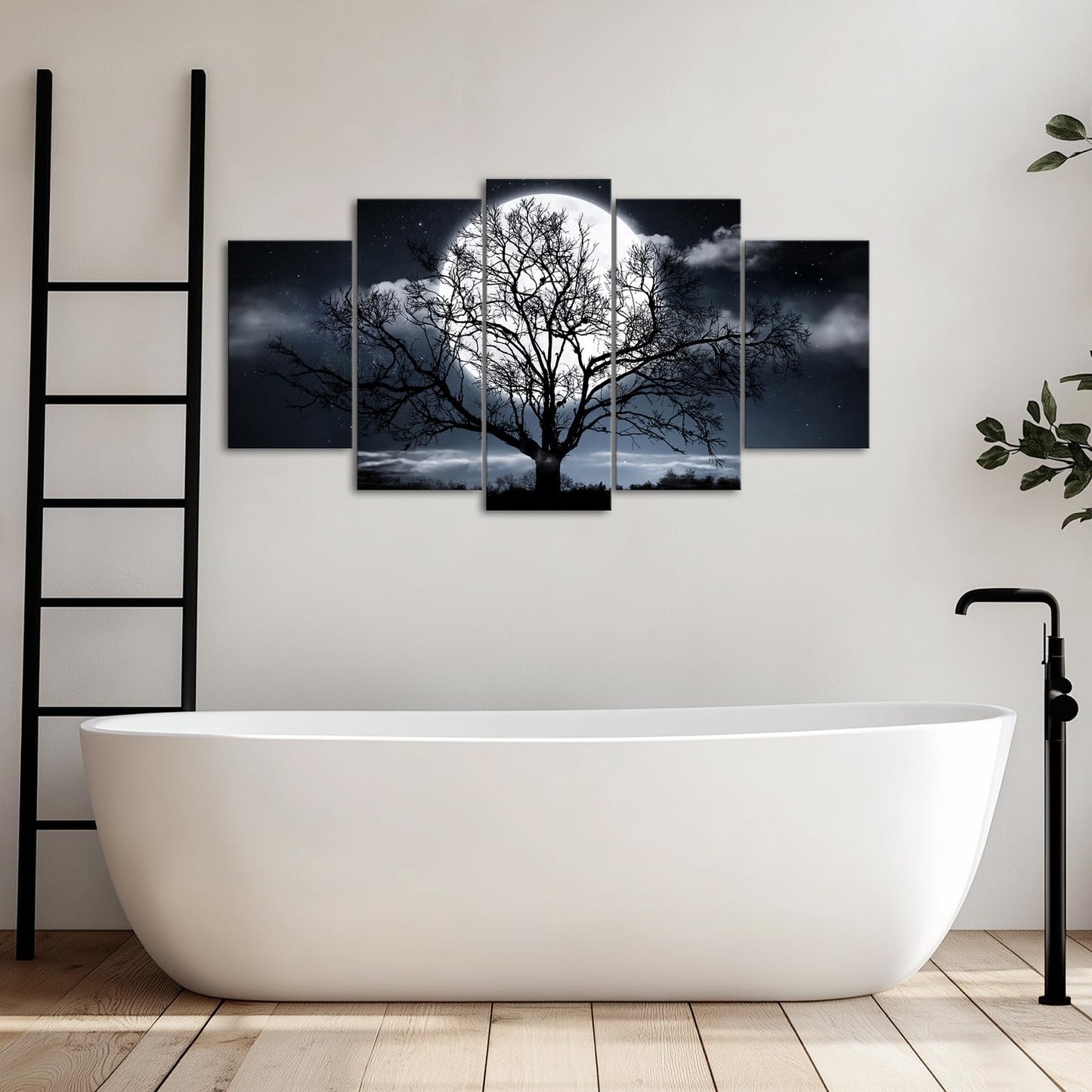 Artmyharbor Moon Night Canvas 5 Panel Wall Art Black and White Tree Silhouette Picture Modern Nature Wall Decor for Living Room