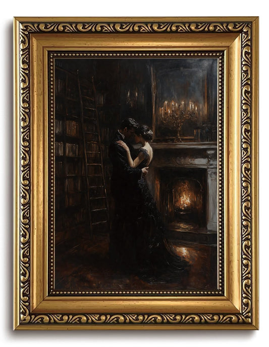 LHHJDIO Vintage Gold Framed Wall Art Dark Academia Couple Canvas Wall Art Gothic Library Couple Scene Pictures Wall Decor Elegant Moody Art Prints for Living Room Bedroom Study