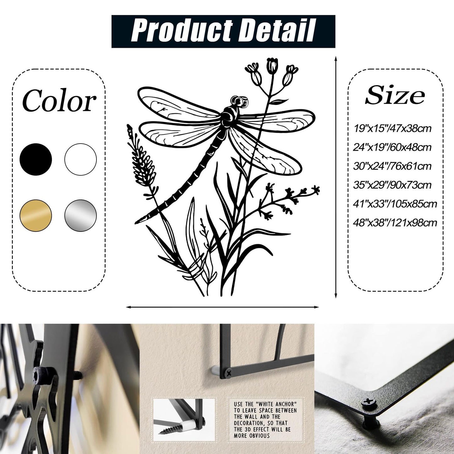 Dragonfly Metal Wall Art, Dragonfly and Flower Metal Wall Decor, Insects Wall Art, Large Dragonflies Wall Hanging, Wild Flower Wall Sculpture, Rustic Farmhouse Decorations (Black, 30"x24"/76x61cm)
