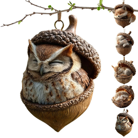 3D Forest Animal Acorn Ornaments, Woodland Christmas Decor with Realistic Animal Figures, Resin Hanging Ornaments for Christmas Tree, Home, Party Decor, Cozy Forest Theme Collection (Owl)