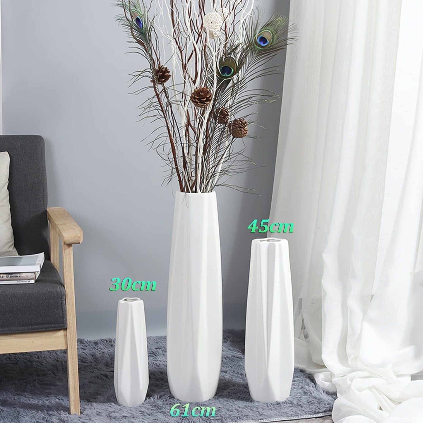 JIIPOREGJ Floor Vase Accessories Large Floor Vase,White Ceramic Vase,Handcrafted,Sophisticated Vessel for Decorative Branches and Dried Flowers,White30Cm