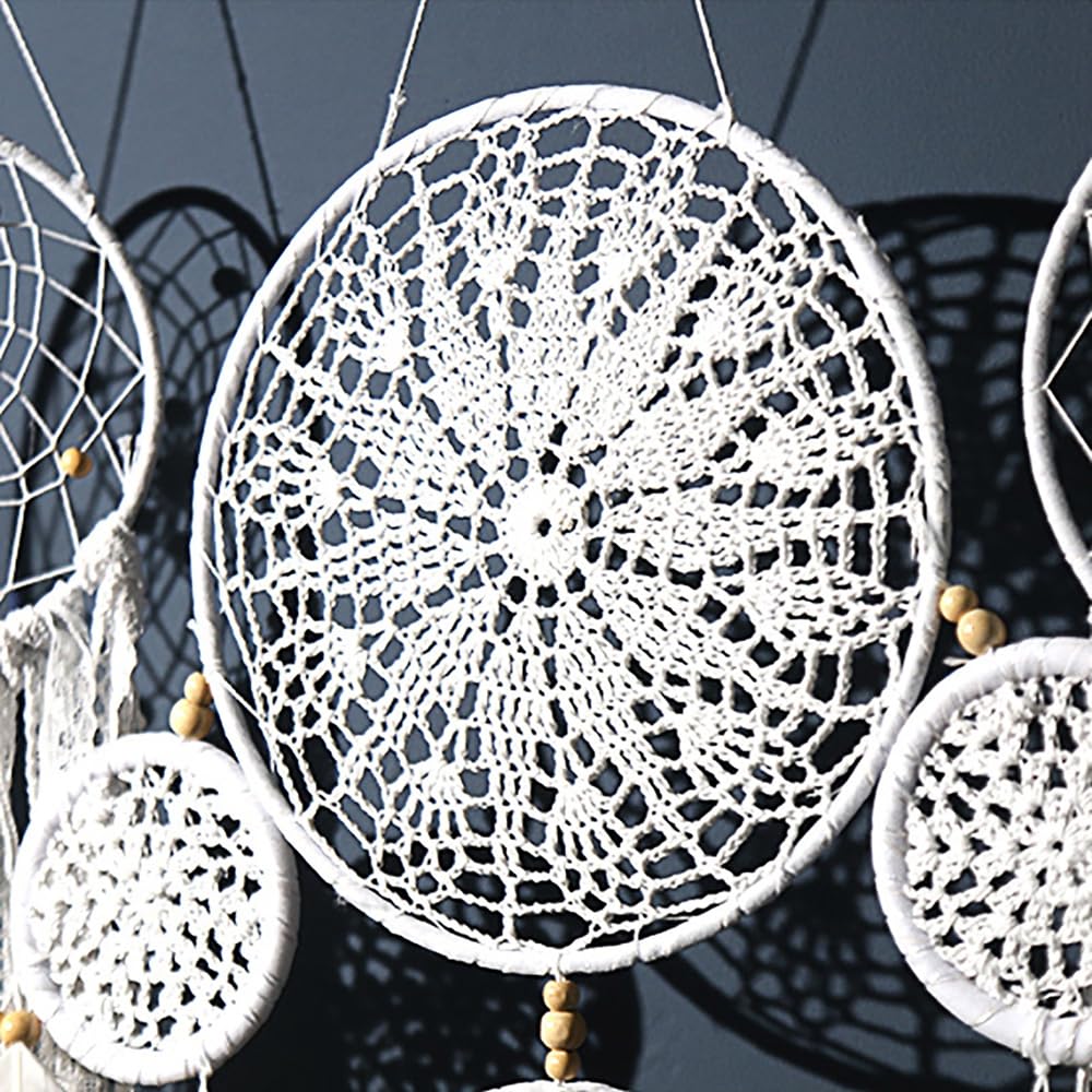Handcrafted Dream Catcher Wall Decor Set, 5 Pieces, Round Shape, 10 Inch Diameter, Cotton and Feather, Art Deco Style, Moon and Star Design, Indoor Hanging Ornaments (5, White)