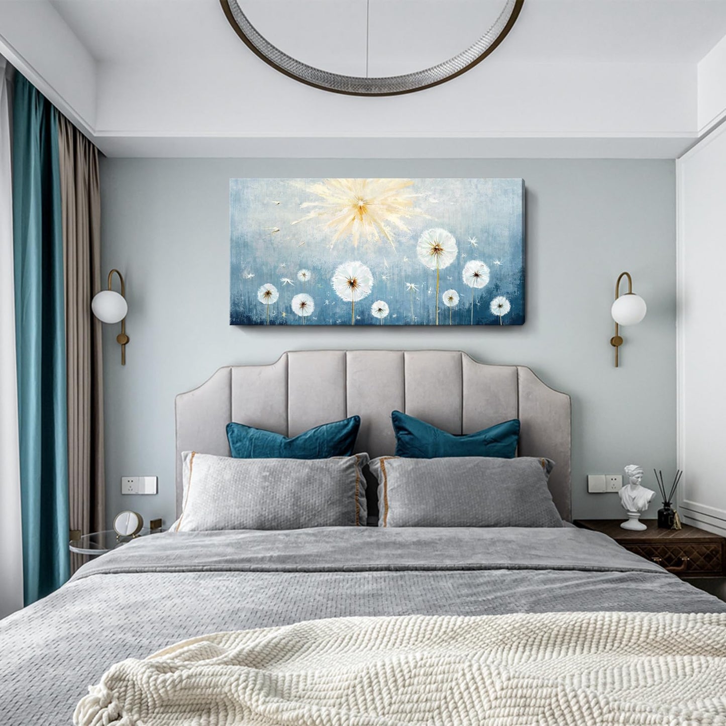 Nicetop Large Canvas Wall Art for Living Room- Floral Landscape Artwork Gallery Wrapped Nature Wildflower Dandelion Print Botanical Flower Picture Bedroom Office Decor,Blue and White, 48x24 Inch