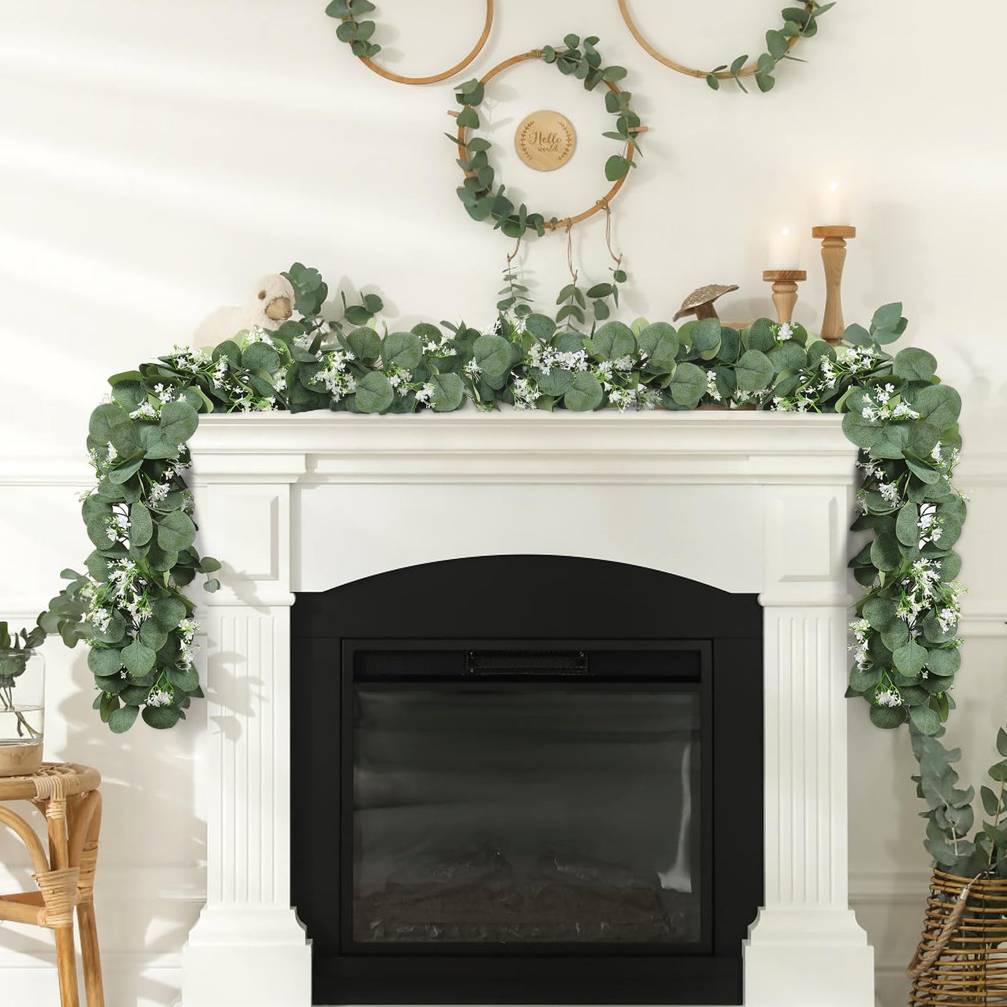 KHOYIME Eucalyptus Garland with White Flowers, 2 Packs 5.9Ft Artificial Silver Dollar Eucalyptus Leaves Plant Fake Greenery Hanging Ivy Vines Faux Wreath for Wedding Arch Party Mantle Table Home Decor