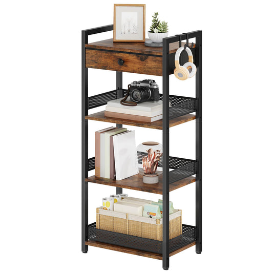 FAVOOSTY 4 Tier Ladder Shelf Stand, Bookshelf with Drawer Storage, Decorative Display Shelves Wood & Metal, Plant Shelf, Standing Shelf Unit for Living Room Bedroom Office Kitchen, Rustic Brown