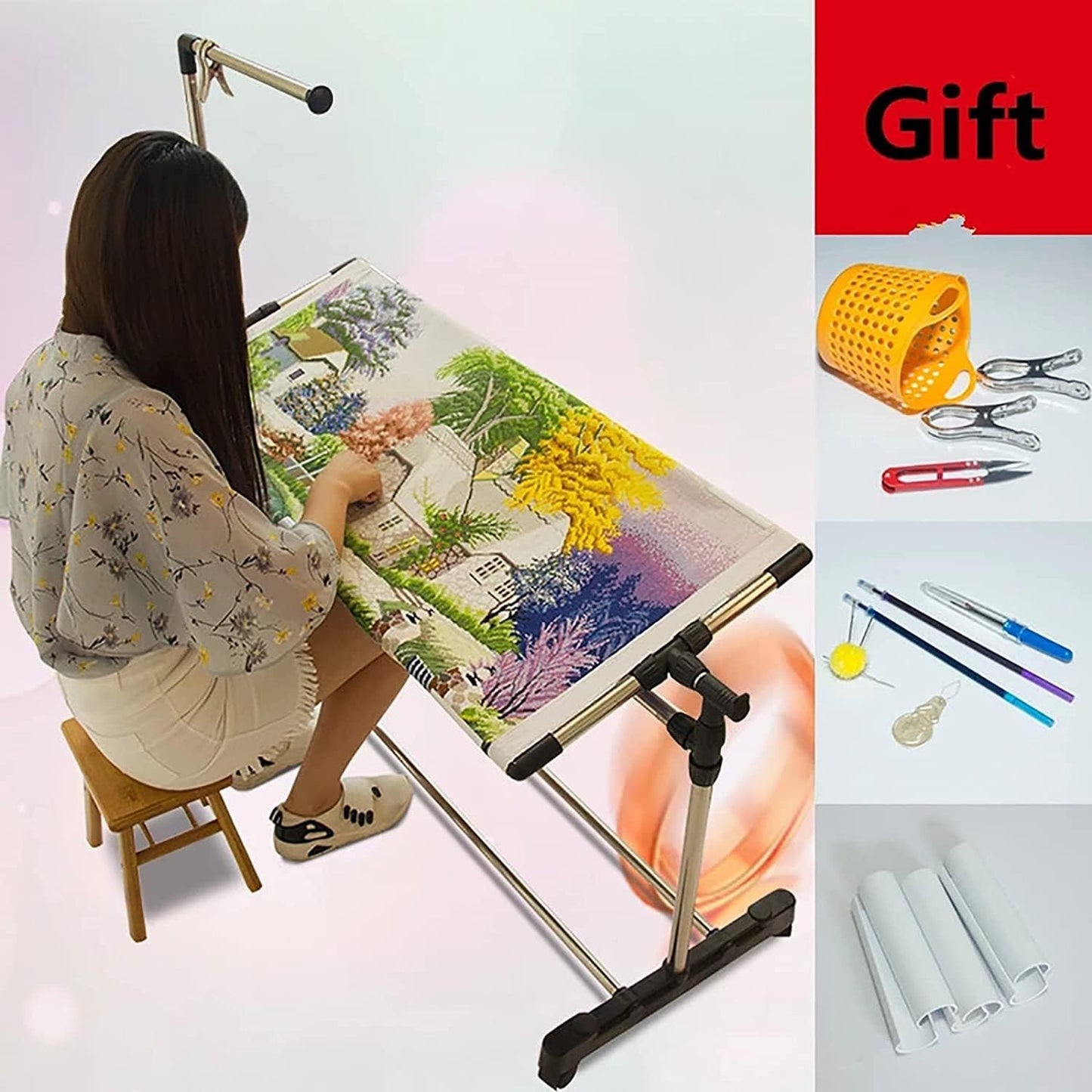 Adjustable 360° Floor e - Embroidery Stand with Pulley for Cross Stitch & Craft | Height Adjustable Sewing Lap Table (100cm)