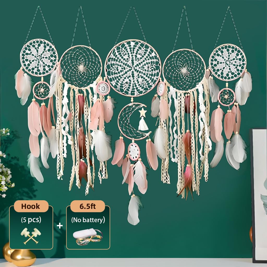 Handcrafted Dream Catcher Wall Decor Set, 5 Pieces, Round Shape, 10 Inch Diameter, Cotton and Feather, Art Deco Style, Moon and Star Design, Indoor Hanging Ornaments (5, Brown)