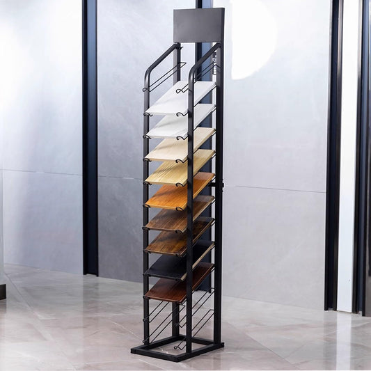 CVGfko Large Format Cabinet Samples Display Rack, Building Material Organizer Shelf with 12 Card Slots, Floor Standing Wooden Board Door Sample Holder for Retail Stores/Trade Show,Black,36x40x185cm